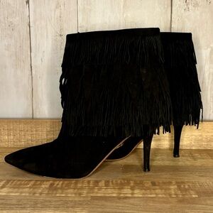 AUTHENTIC Aquazzura Sasha Fringe Bootie, Black Suede 37.5 (7/7.5)